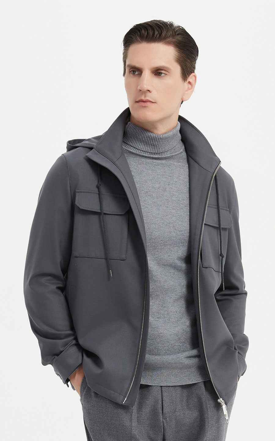 Jacket Men Utility Zip Up with Chest Pockets Gray