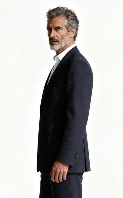 Navy Blue Wool Seersucker Tailored Blazer - Custom Fit