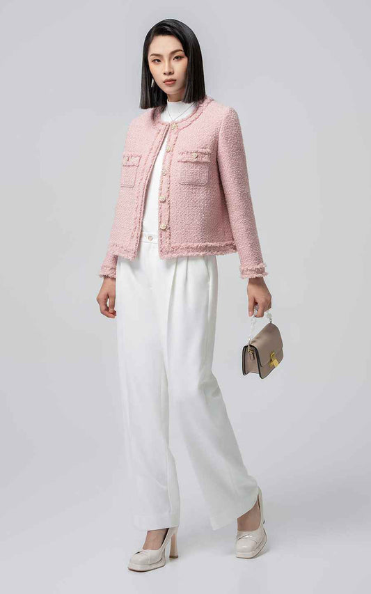 Pink Tweed Jacket & White Pants Elegant Professional Set