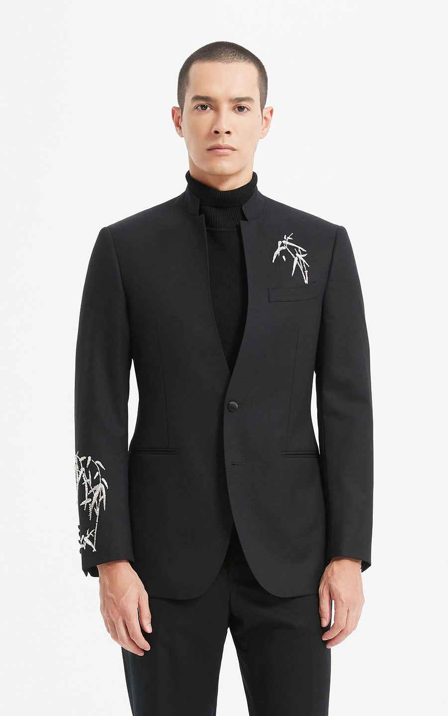 Black Embroidered Bamboo Pattern Oriental Suit Jacket