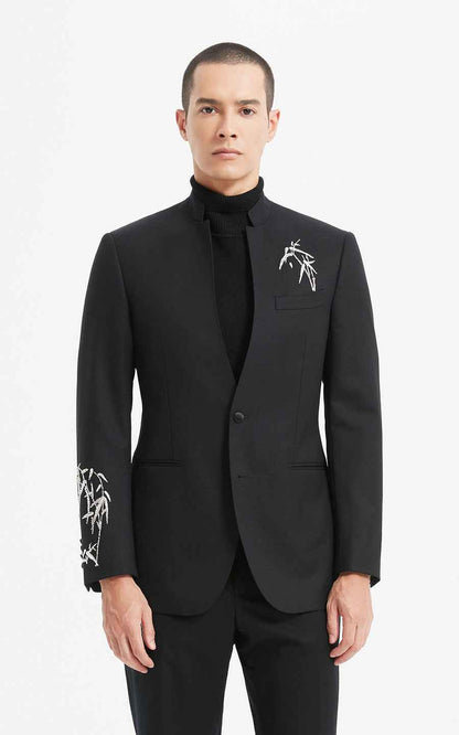 Black Embroidered Bamboo Pattern Oriental Suit Jacket