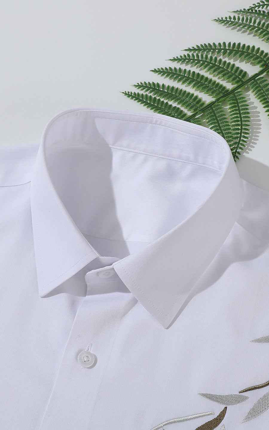 WIAI Pure White Leaf Embroidered Men's Dress Shirt