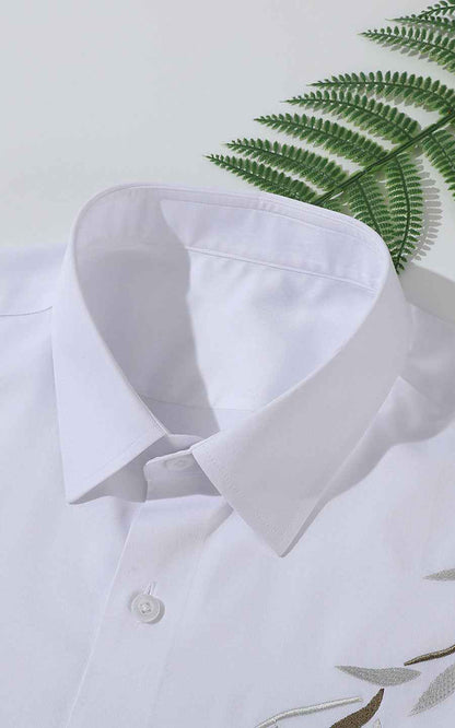WIAI Pure White Leaf Embroidered Men's Dress Shirt