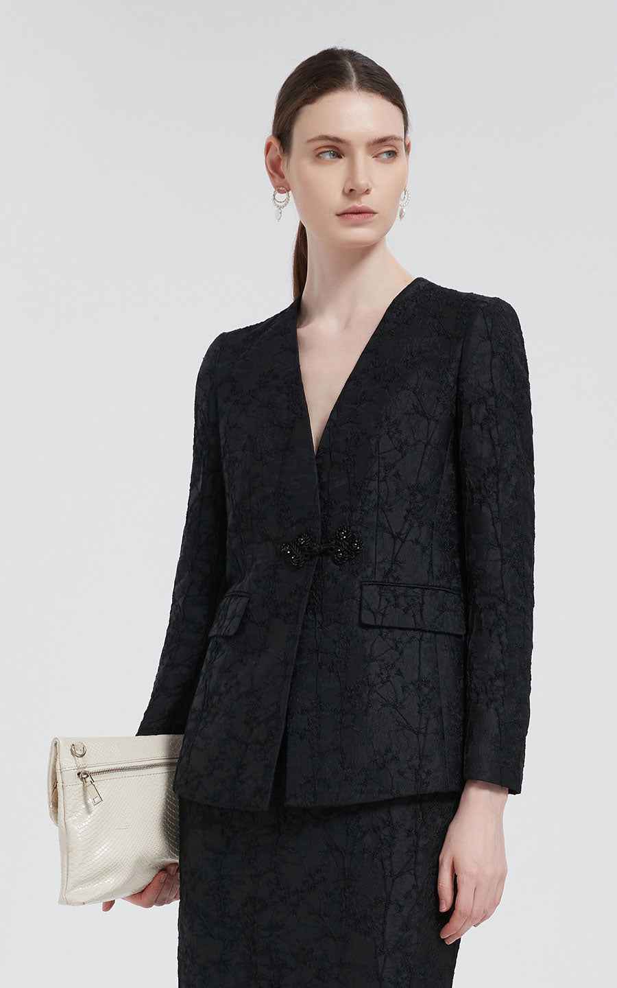 Women's Blazer Set Black V-Neck Jacket & Skirt