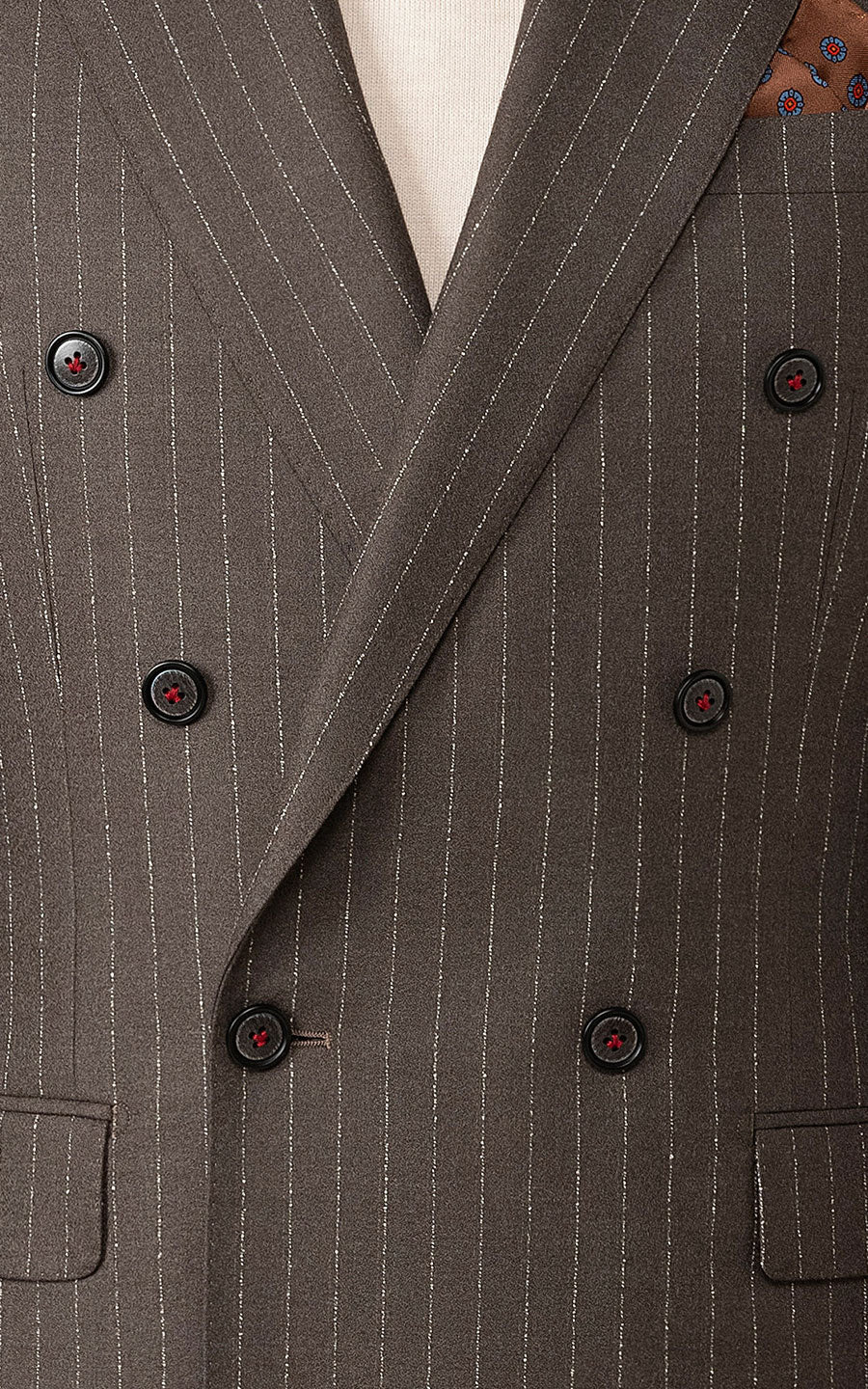 Gray brown striped pattern silk flannel suit detail