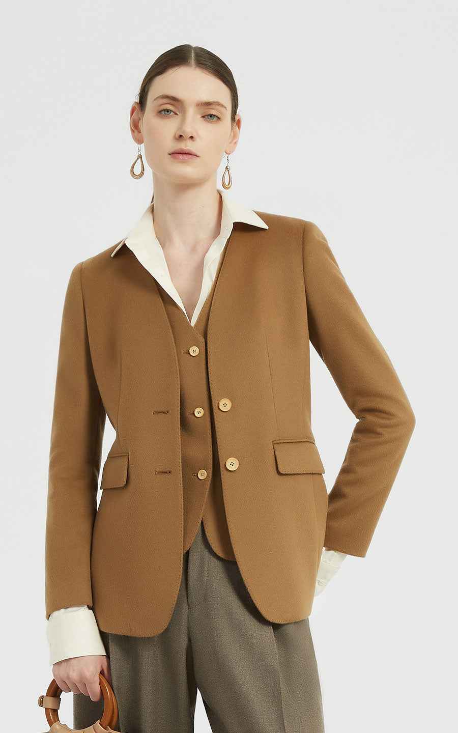 Camel Brown Suit Jacket - Contrast Collar for Women