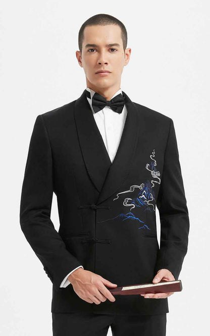 Chinese Wedding Suit Men Black Dragon Embroidery Formal