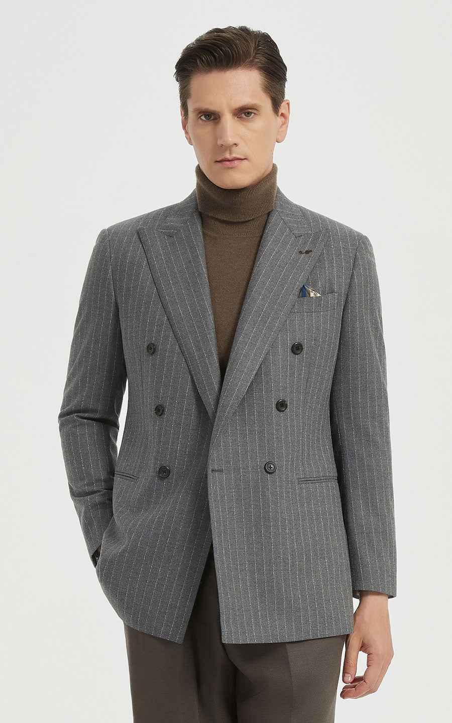 Men's Gray Suit Jacket - Pinstripe Double-Breasted
