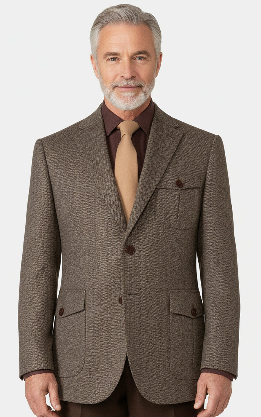 Mens Custom Fit Brown Herringbone Wool Casual Blazer