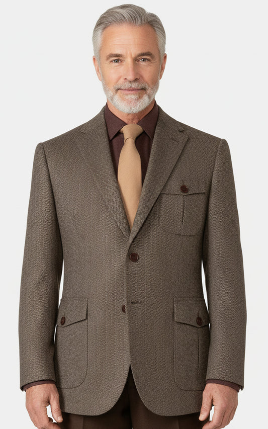 Mens Custom Fit Brown Herringbone Wool Casual Blazer