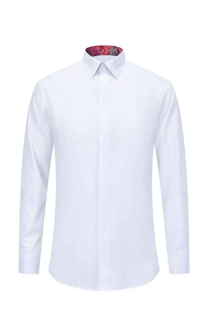 Custom White Long Sleeve Shirt - Embroidered Collar