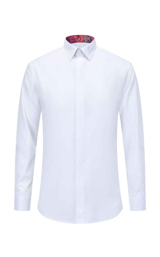 Custom White Long Sleeve Shirt - Embroidered Collar