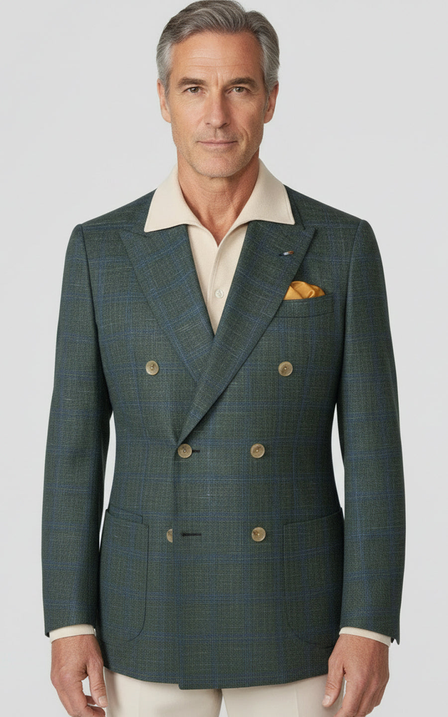 Tailored Mens Custom Blazer Linen Plaid Gray Green Suit