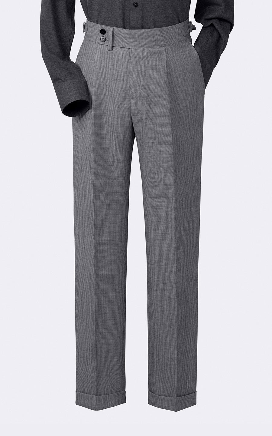 Gray bespoke business suit full length front view