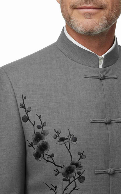 Custom grey embroidered men's stand-up collar wedding suit coat