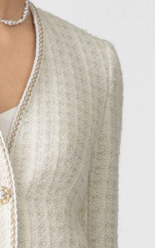 Cream Tweed V-Neck Blazer & Midi Skirt Set - Luxury