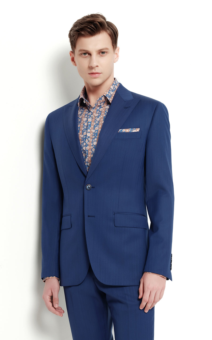 Custom Navy Blue Herringbone Business Men's Suit Set