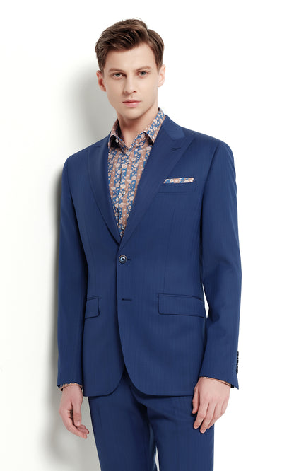 Custom Navy Blue Herringbone Business Men's Suit Set