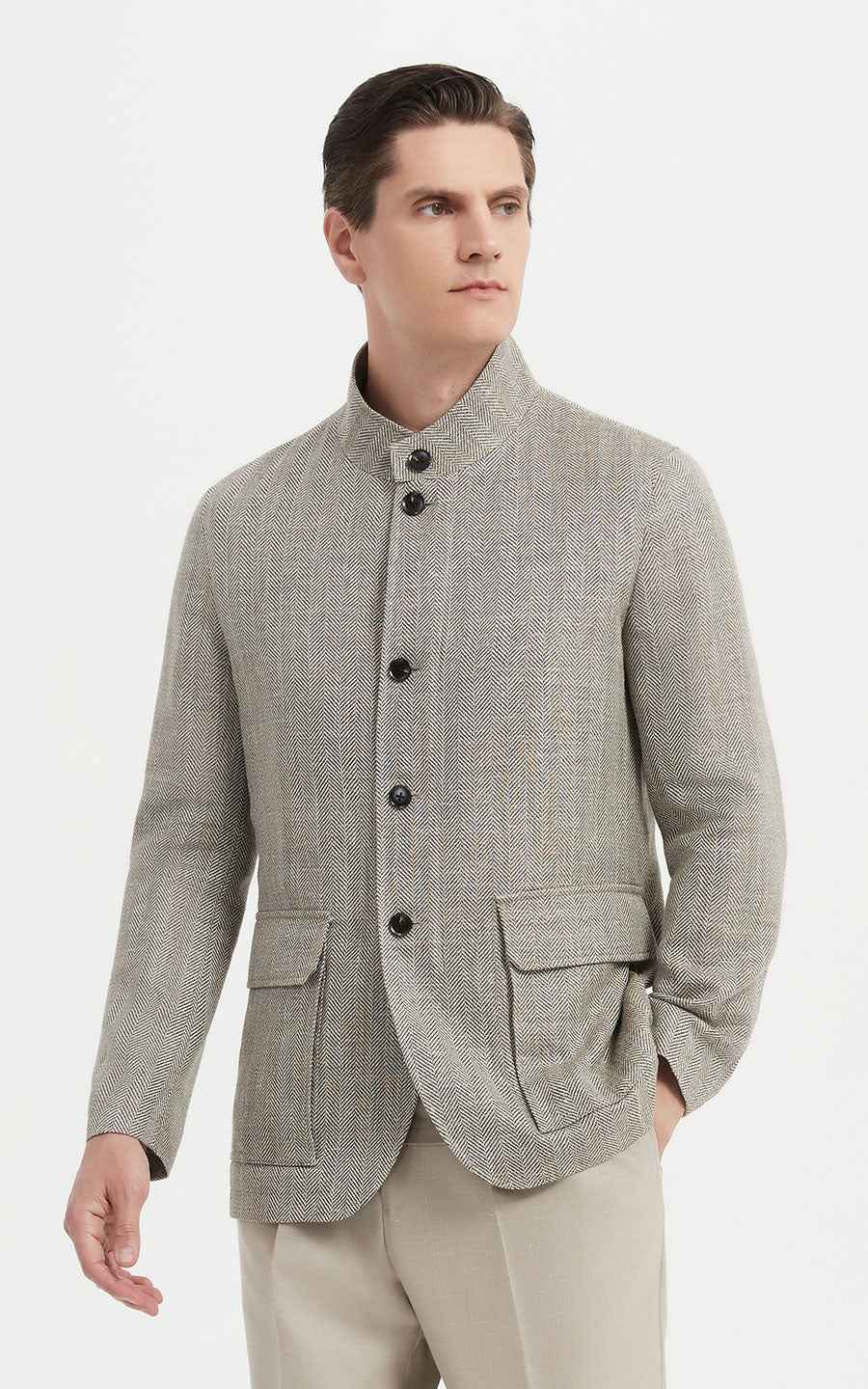 Men's Herringbone Suit - Stand Collar Jacket Style