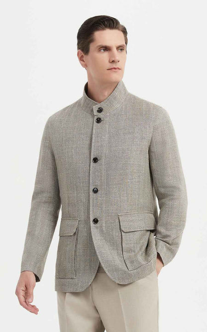 Men's Herringbone Suit - Stand Collar Jacket Style