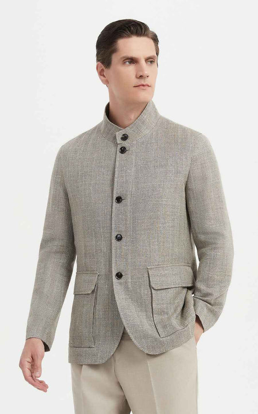 Men's Herringbone Suit - Stand Collar Jacket Style
