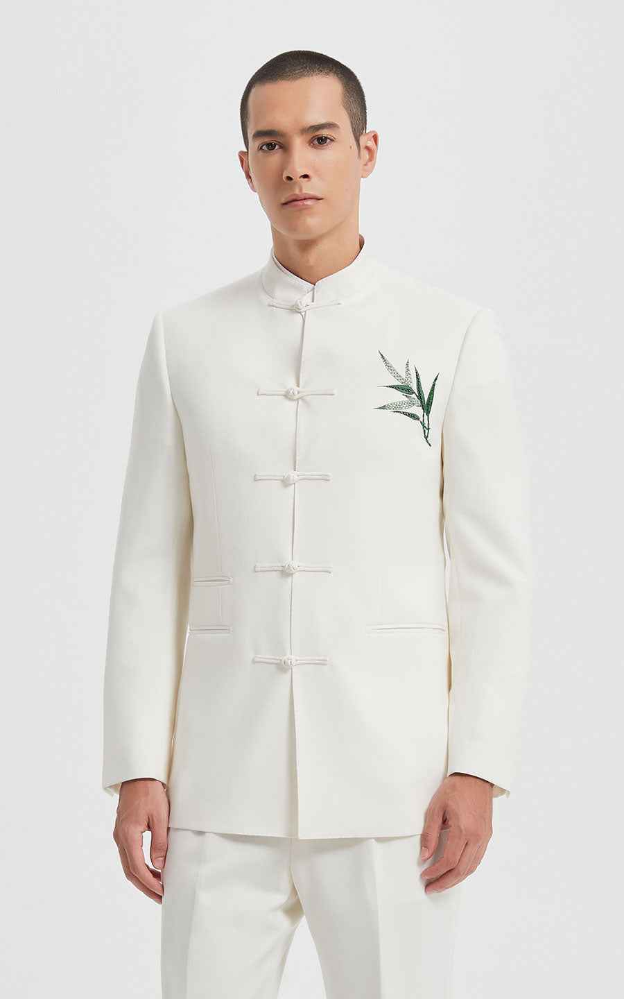 Classic Bamboo Embroidered Chinese Tang Suit Set - Ivory White