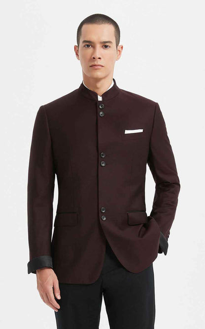 Mandarin Jacket Men - Slim Fit Burgundy Formal Blazer
