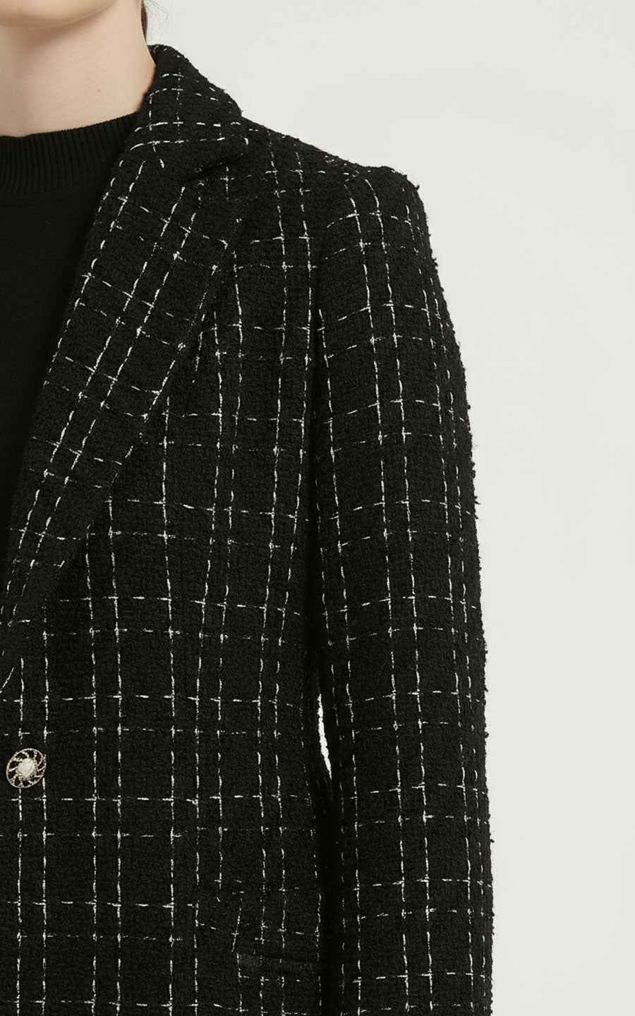 Women's Black Coat - Tweed Pearl Details | Elegant