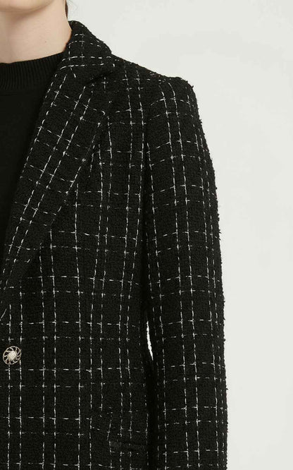 Women's Black Coat - Tweed Pearl Details | Elegant