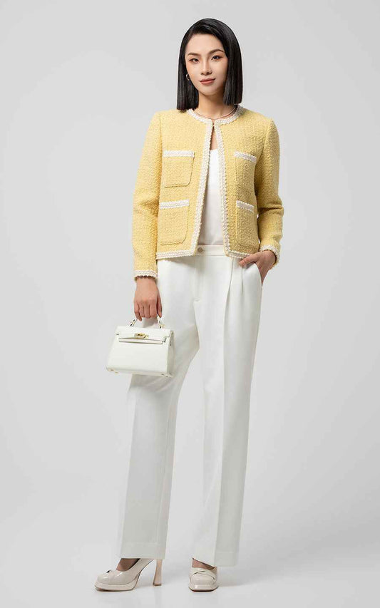 Yellow Tweed Jacket & White Pants Professional Set