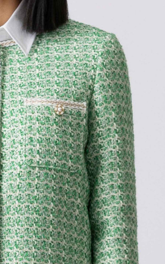 Elegant Green Tweed Suit Set - Jacket & Skirt