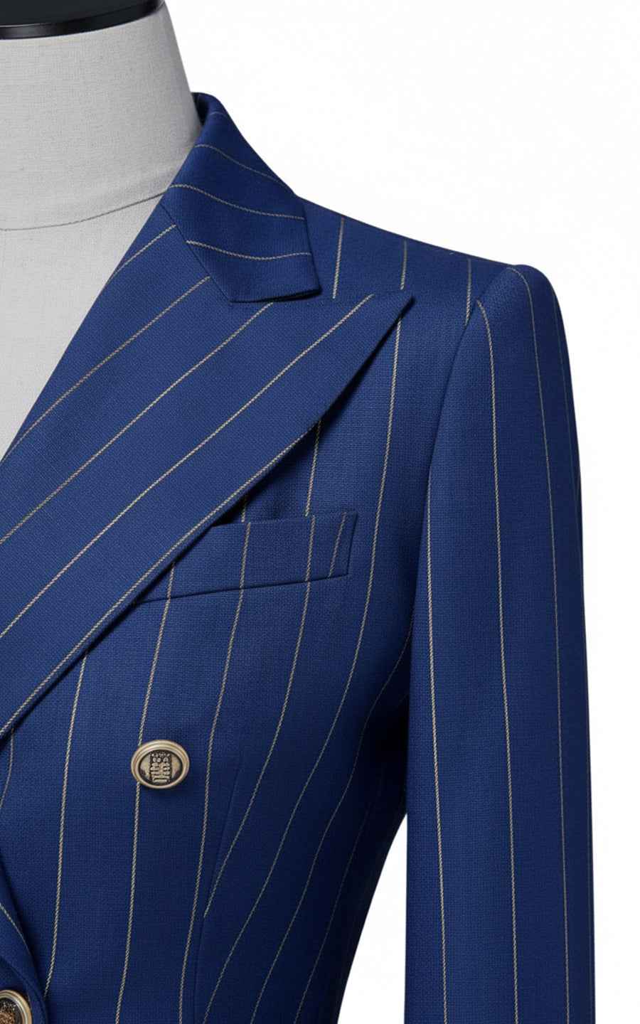 Women's double-breasted blue pinstripe suit set
