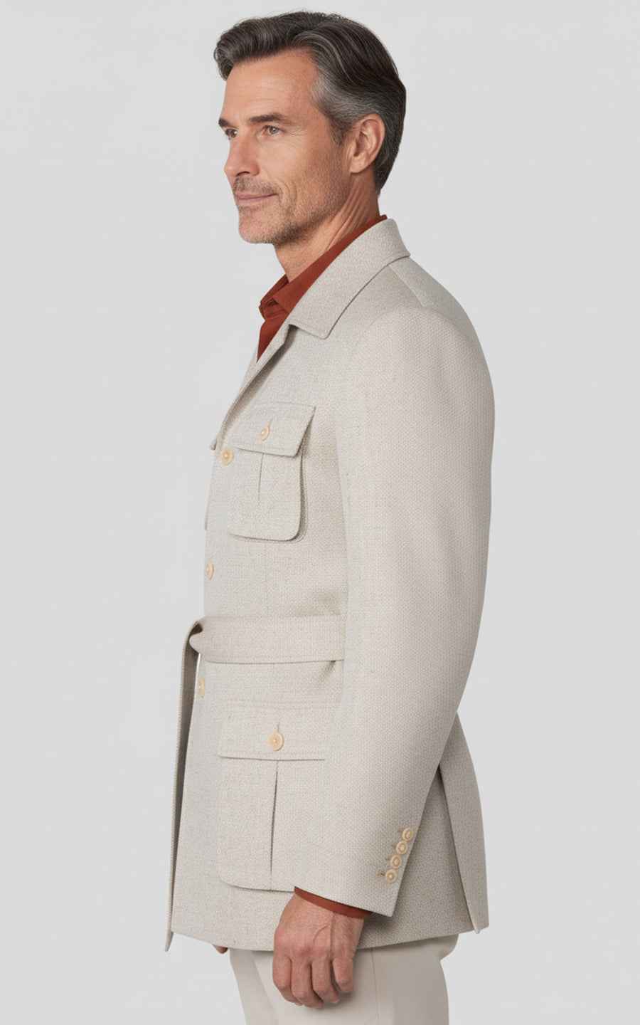 Men's Beige Lace-up Linen Custom Hunting Trench Coat