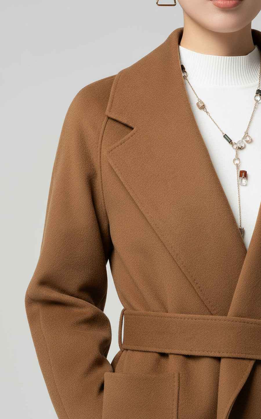 Elegant Camel Belted Wrap Coat - Classic Trench Style