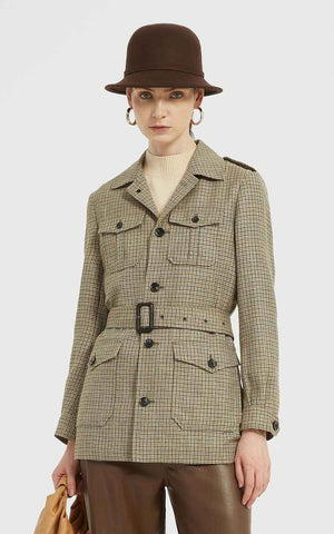 Women's Safari Coat - Plaid Belted with Notched Collar