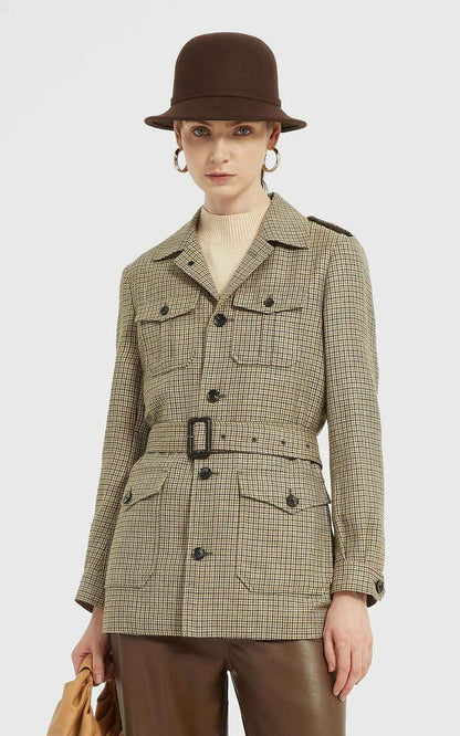 Women's Safari Coat - Plaid Belted with Notched Collar