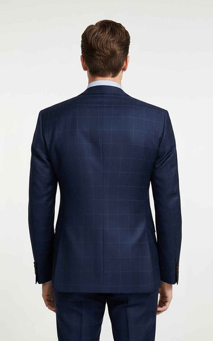Navy blue custom men's business casual plaid suit coat