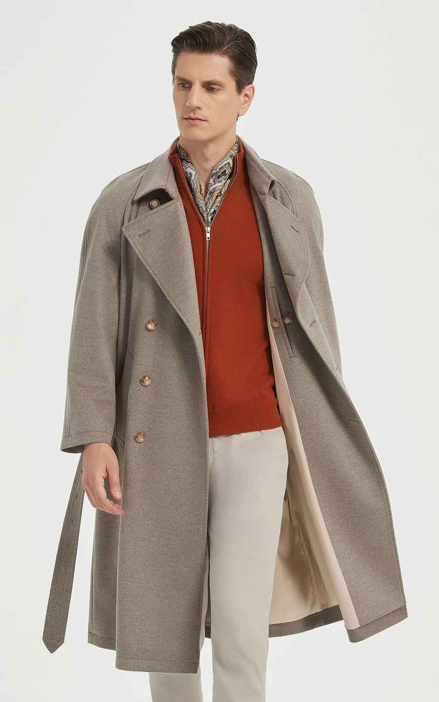 Men's Trench Coat Double-Breasted Long Taupe