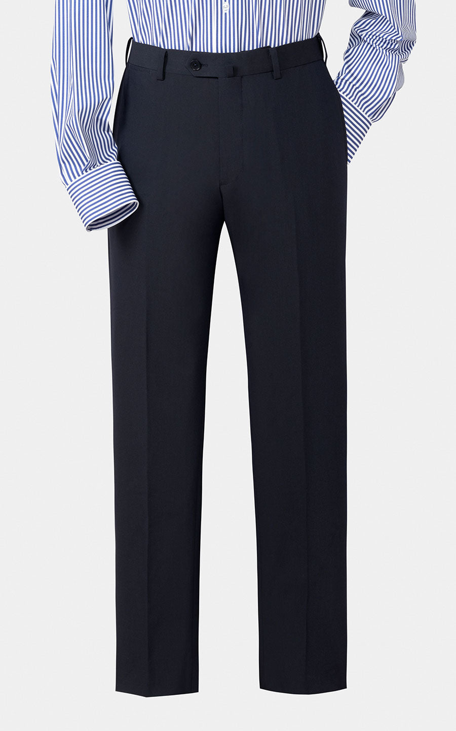 Man wearing navy blue textured bespoke custom tailored suit
