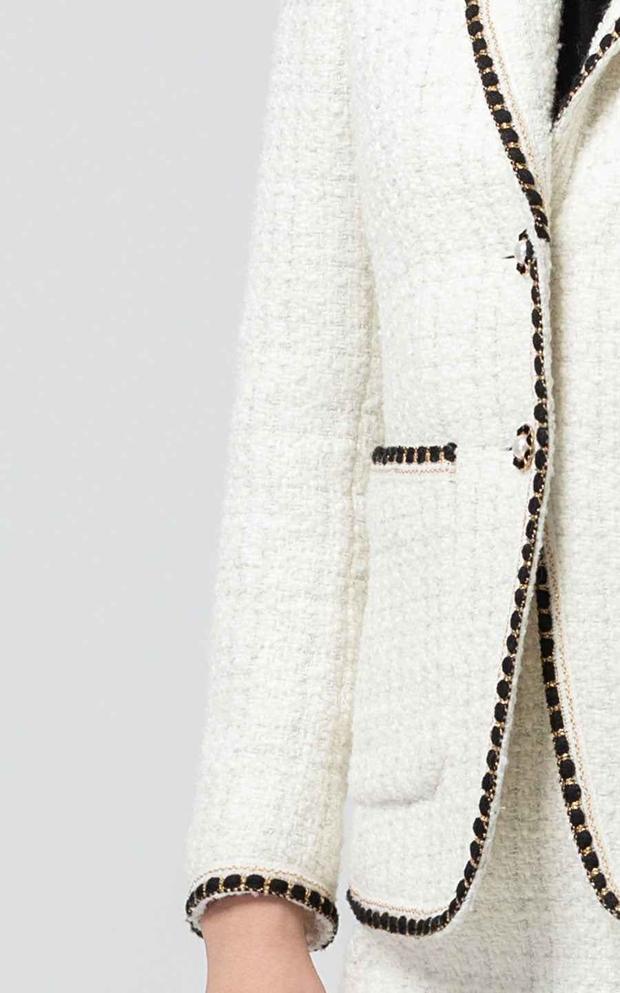 White Tweed Jacket & Skirt Set with Black Trim - Classic