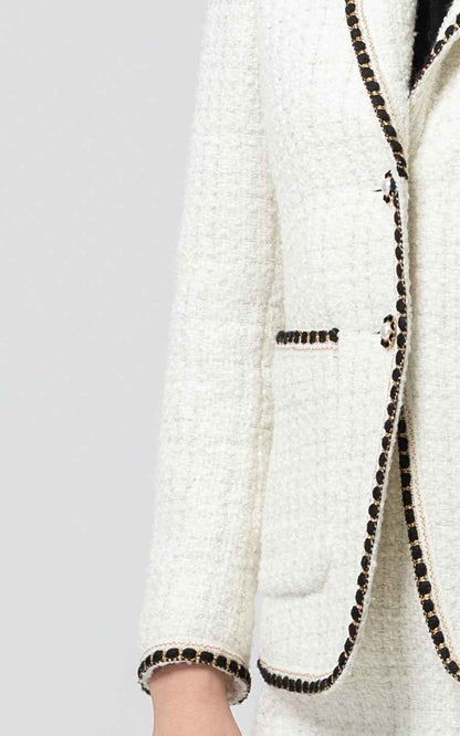 White Tweed Jacket & Skirt Set with Black Trim - Classic