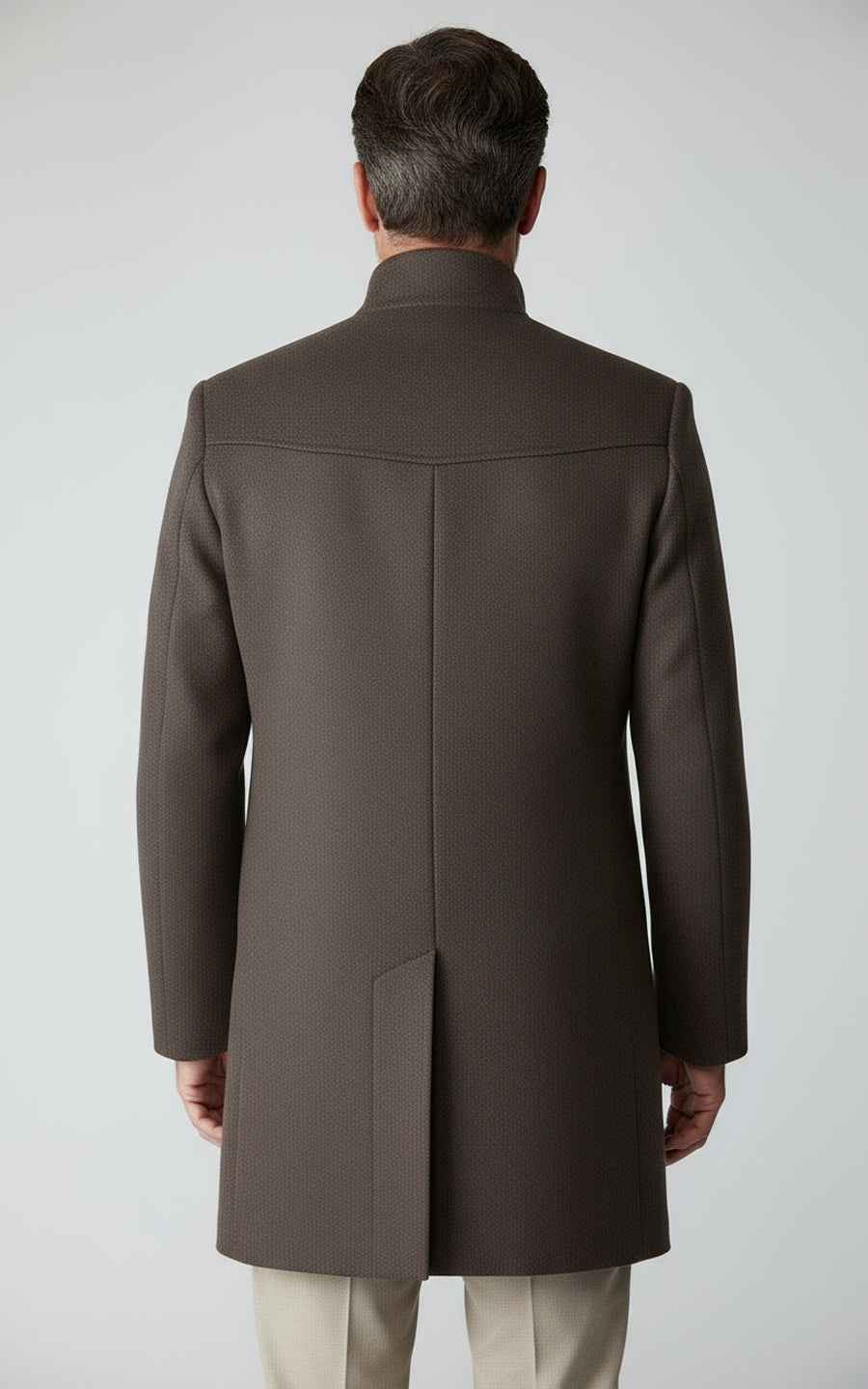 Dark brown wool stand-up collar for men trench coat tailored