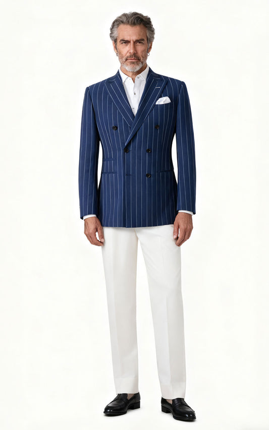 tailored suits Navy Blue Pinstripe Wool Suit Set - Tailored Fit