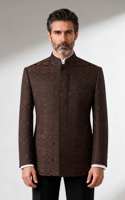 Men's Brown Brocade Chinese Wedding Jacket - Custom