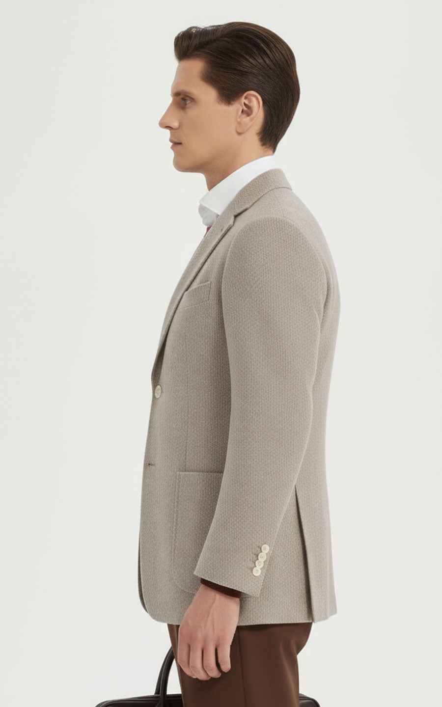 Men's Beige Suit Jacket - Textured Classic Fit