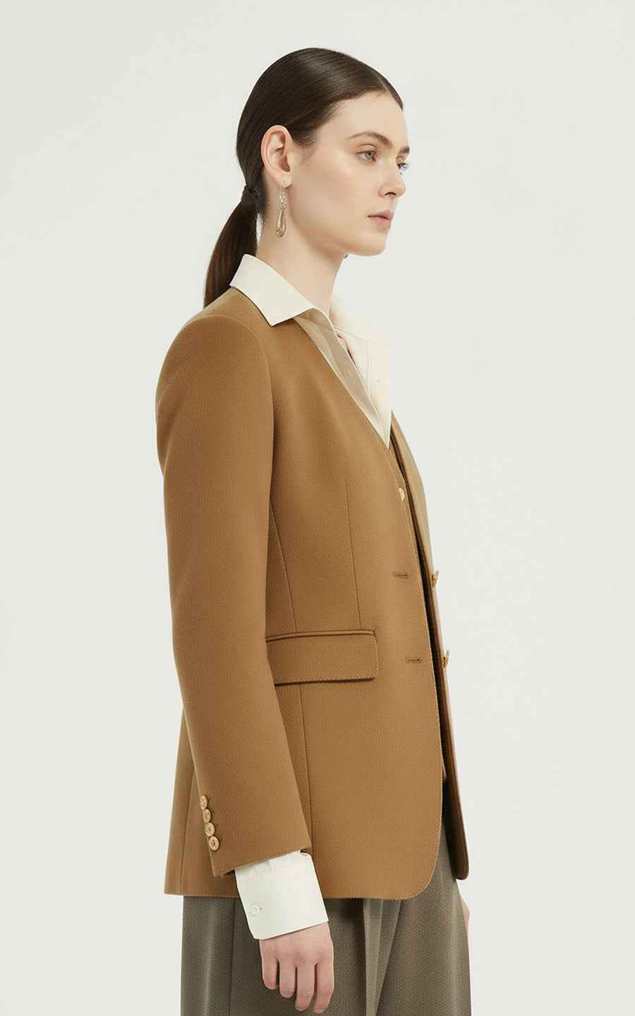 Camel Brown Suit Jacket - Contrast Collar for Women