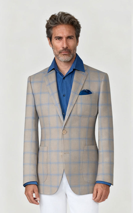 Light Khaki Pane Blazer - Custom Tailored Men's Jacket