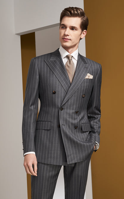 Men's gray pinstriped double-breasted formal custom suits set