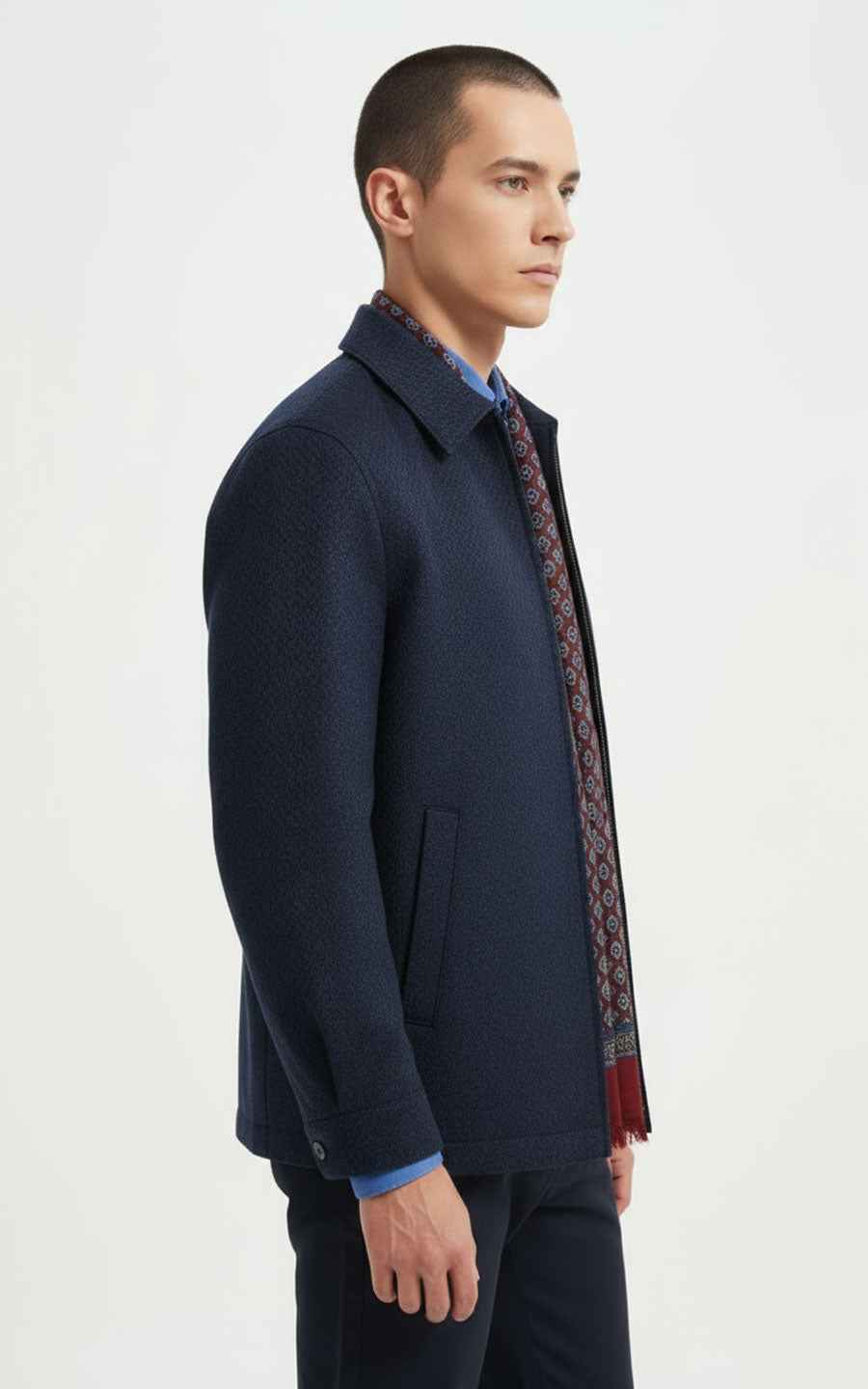 Men's Zip Jacket Navy Blue with Patterned Scarf