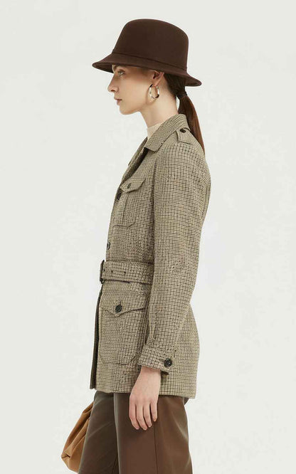 Women's Safari Coat - Plaid Belted with Notched Collar